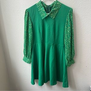 1970s green mini long sleeve Vintage Butterfly Collar Dress
